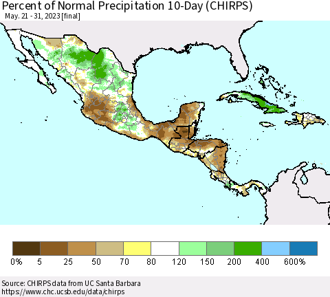 Mexico Central America and the Caribbean Percent of Normal Precipitation 10-Day (CHIRPS) Thematic Map For 5/21/2023 - 5/31/2023