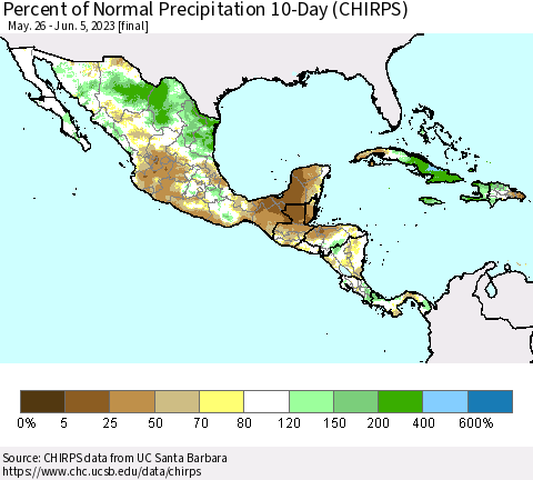 Mexico Central America and the Caribbean Percent of Normal Precipitation 10-Day (CHIRPS) Thematic Map For 5/26/2023 - 6/5/2023