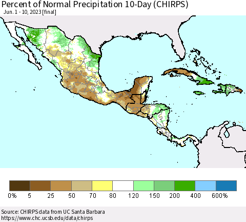 Mexico Central America and the Caribbean Percent of Normal Precipitation 10-Day (CHIRPS) Thematic Map For 6/1/2023 - 6/10/2023