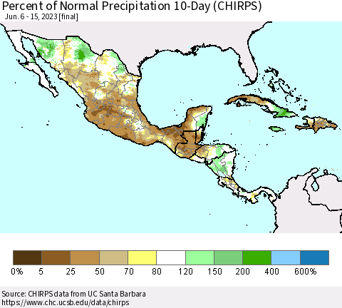 Mexico Central America and the Caribbean Percent of Normal Precipitation 10-Day (CHIRPS) Thematic Map For 6/6/2023 - 6/15/2023