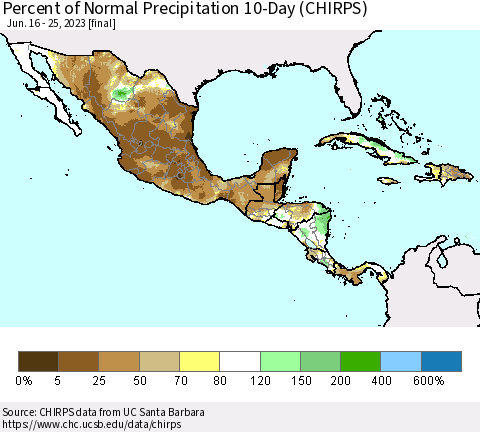 Mexico Central America and the Caribbean Percent of Normal Precipitation 10-Day (CHIRPS) Thematic Map For 6/16/2023 - 6/25/2023