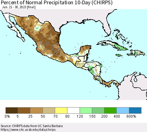 Mexico Central America and the Caribbean Percent of Normal Precipitation 10-Day (CHIRPS) Thematic Map For 6/21/2023 - 6/30/2023