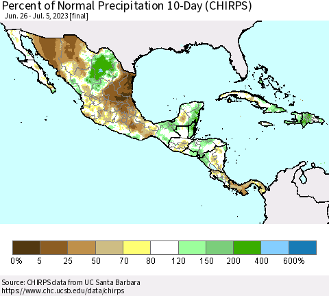 Mexico Central America and the Caribbean Percent of Normal Precipitation 10-Day (CHIRPS) Thematic Map For 6/26/2023 - 7/5/2023