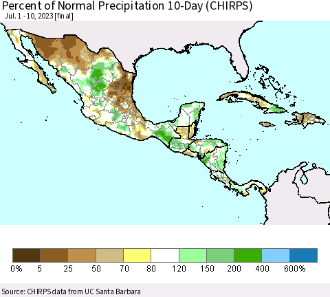 Mexico Central America and the Caribbean Percent of Normal Precipitation 10-Day (CHIRPS) Thematic Map For 7/1/2023 - 7/10/2023