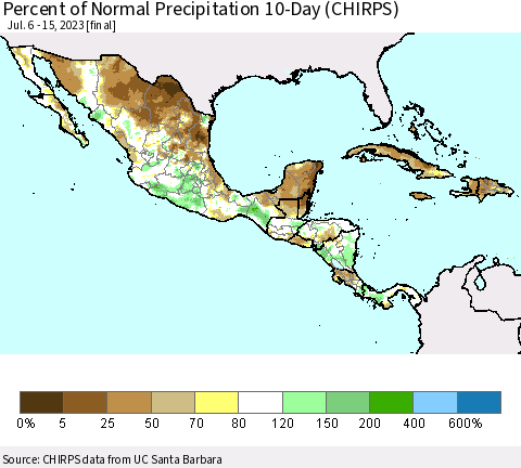 Mexico Central America and the Caribbean Percent of Normal Precipitation 10-Day (CHIRPS) Thematic Map For 7/6/2023 - 7/15/2023