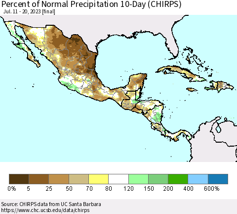 Mexico Central America and the Caribbean Percent of Normal Precipitation 10-Day (CHIRPS) Thematic Map For 7/11/2023 - 7/20/2023