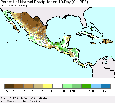 Mexico Central America and the Caribbean Percent of Normal Precipitation 10-Day (CHIRPS) Thematic Map For 7/21/2023 - 7/31/2023