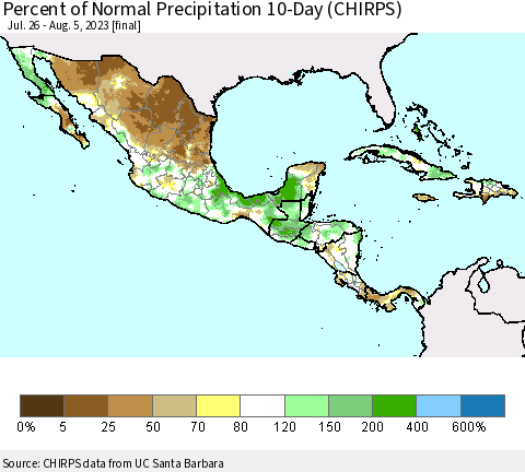 Mexico Central America and the Caribbean Percent of Normal Precipitation 10-Day (CHIRPS) Thematic Map For 7/26/2023 - 8/5/2023