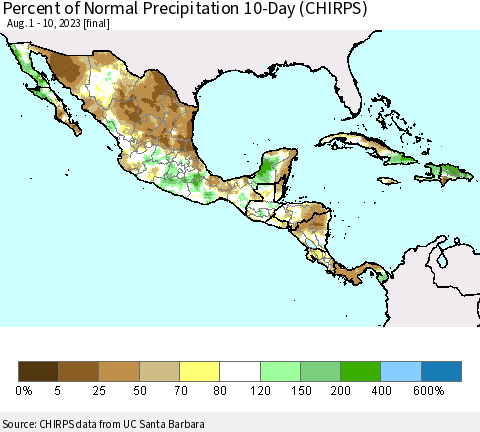 Mexico Central America and the Caribbean Percent of Normal Precipitation 10-Day (CHIRPS) Thematic Map For 8/1/2023 - 8/10/2023
