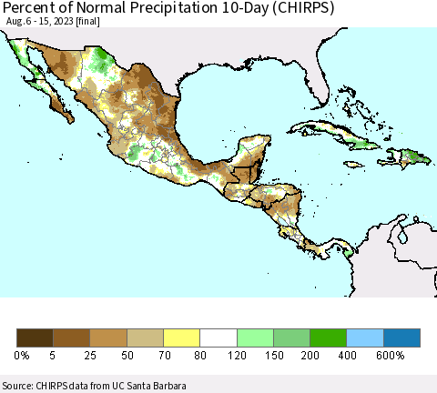 Mexico Central America and the Caribbean Percent of Normal Precipitation 10-Day (CHIRPS) Thematic Map For 8/6/2023 - 8/15/2023