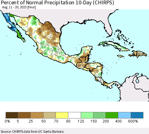 Mexico Central America and the Caribbean Percent of Normal Precipitation 10-Day (CHIRPS) Thematic Map For 8/11/2023 - 8/20/2023