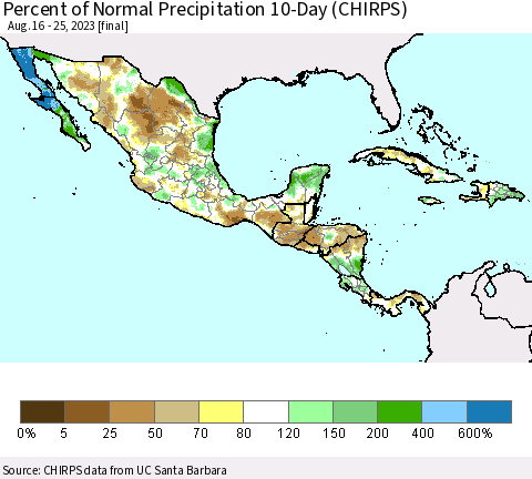 Mexico Central America and the Caribbean Percent of Normal Precipitation 10-Day (CHIRPS) Thematic Map For 8/16/2023 - 8/25/2023