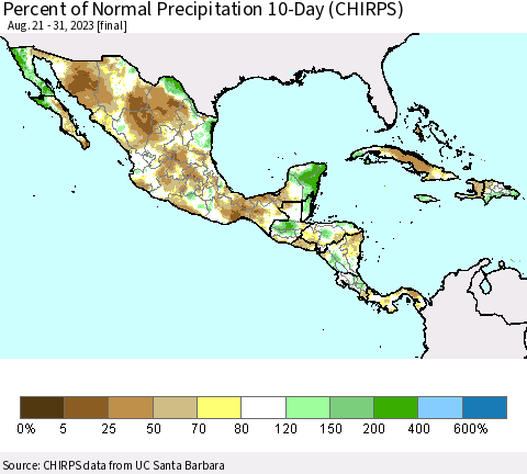Mexico Central America and the Caribbean Percent of Normal Precipitation 10-Day (CHIRPS) Thematic Map For 8/21/2023 - 8/31/2023