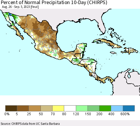 Mexico Central America and the Caribbean Percent of Normal Precipitation 10-Day (CHIRPS) Thematic Map For 8/26/2023 - 9/5/2023