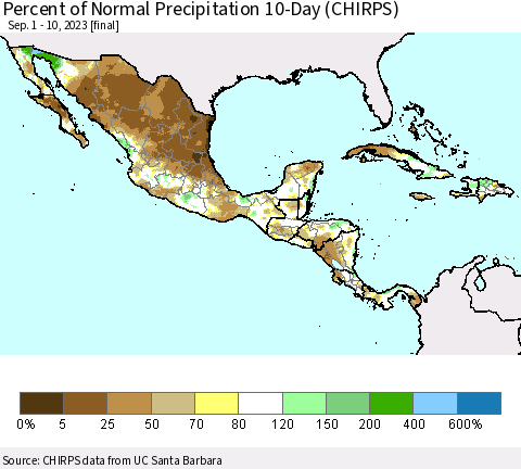 Mexico Central America and the Caribbean Percent of Normal Precipitation 10-Day (CHIRPS) Thematic Map For 9/1/2023 - 9/10/2023