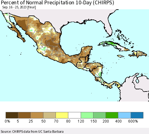 Mexico Central America and the Caribbean Percent of Normal Precipitation 10-Day (CHIRPS) Thematic Map For 9/16/2023 - 9/25/2023