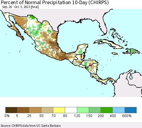 Mexico Central America and the Caribbean Percent of Normal Precipitation 10-Day (CHIRPS) Thematic Map For 9/26/2023 - 10/5/2023