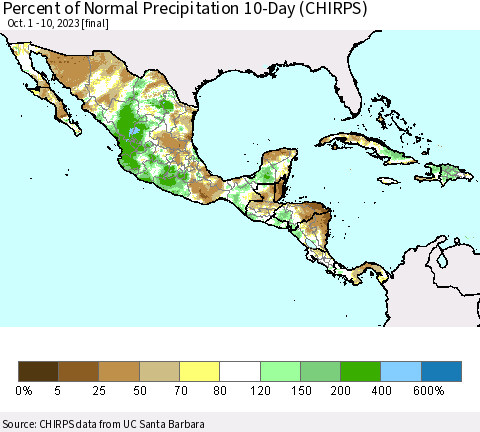 Mexico Central America and the Caribbean Percent of Normal Precipitation 10-Day (CHIRPS) Thematic Map For 10/1/2023 - 10/10/2023