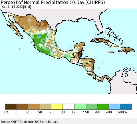 Mexico Central America and the Caribbean Percent of Normal Precipitation 10-Day (CHIRPS) Thematic Map For 10/6/2023 - 10/15/2023
