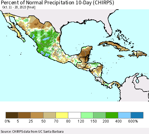 Mexico Central America and the Caribbean Percent of Normal Precipitation 10-Day (CHIRPS) Thematic Map For 10/11/2023 - 10/20/2023