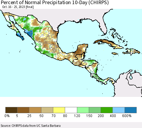 Mexico Central America and the Caribbean Percent of Normal Precipitation 10-Day (CHIRPS) Thematic Map For 10/16/2023 - 10/25/2023