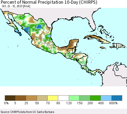 Mexico Central America and the Caribbean Percent of Normal Precipitation 10-Day (CHIRPS) Thematic Map For 10/21/2023 - 10/31/2023