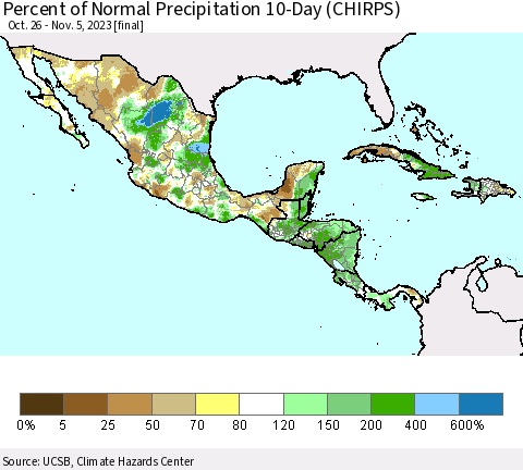 Mexico Central America and the Caribbean Percent of Normal Precipitation 10-Day (CHIRPS) Thematic Map For 10/26/2023 - 11/5/2023