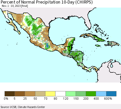 Mexico Central America and the Caribbean Percent of Normal Precipitation 10-Day (CHIRPS) Thematic Map For 11/1/2023 - 11/10/2023