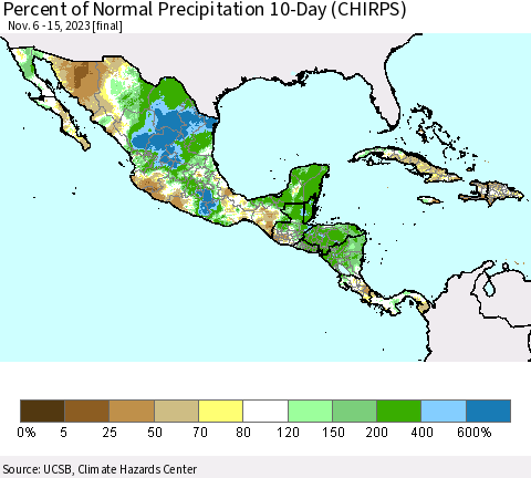 Mexico Central America and the Caribbean Percent of Normal Precipitation 10-Day (CHIRPS) Thematic Map For 11/6/2023 - 11/15/2023