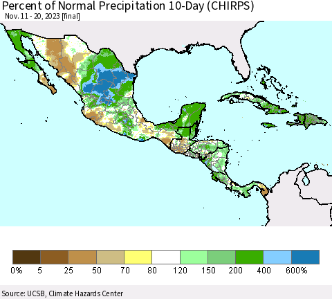Mexico Central America and the Caribbean Percent of Normal Precipitation 10-Day (CHIRPS) Thematic Map For 11/11/2023 - 11/20/2023