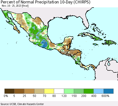 Mexico Central America and the Caribbean Percent of Normal Precipitation 10-Day (CHIRPS) Thematic Map For 11/16/2023 - 11/25/2023