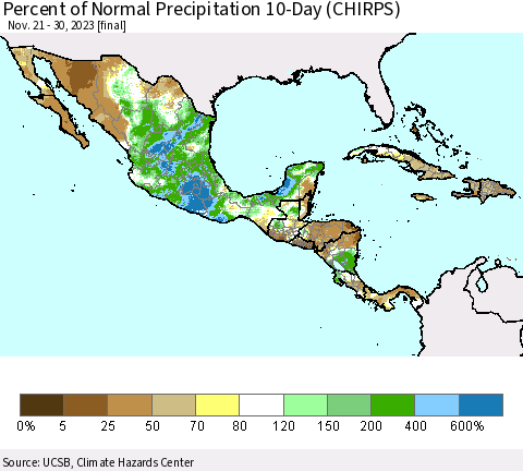 Mexico Central America and the Caribbean Percent of Normal Precipitation 10-Day (CHIRPS) Thematic Map For 11/21/2023 - 11/30/2023
