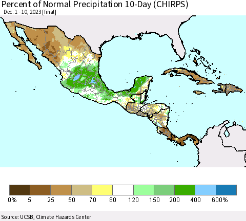 Mexico Central America and the Caribbean Percent of Normal Precipitation 10-Day (CHIRPS) Thematic Map For 12/1/2023 - 12/10/2023