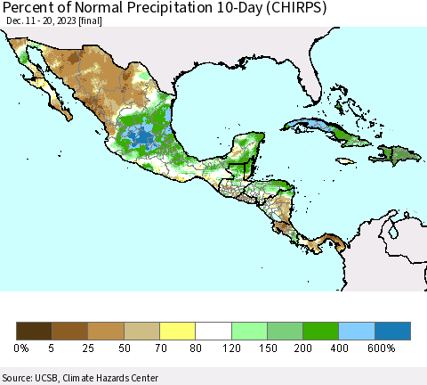 Mexico Central America and the Caribbean Percent of Normal Precipitation 10-Day (CHIRPS) Thematic Map For 12/11/2023 - 12/20/2023