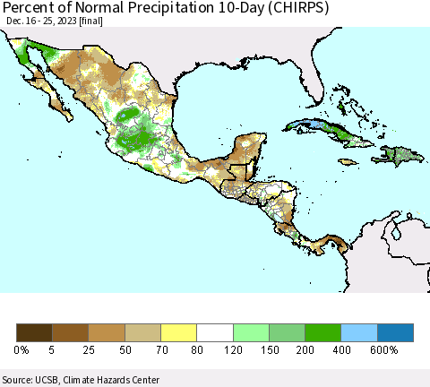 Mexico Central America and the Caribbean Percent of Normal Precipitation 10-Day (CHIRPS) Thematic Map For 12/16/2023 - 12/25/2023