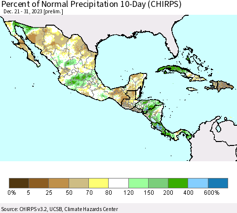 Mexico Central America and the Caribbean Percent of Normal Precipitation 10-Day (CHIRPS) Thematic Map For 12/21/2023 - 12/31/2023