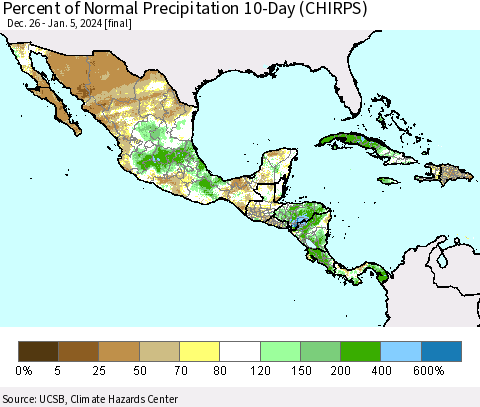 Mexico Central America and the Caribbean Percent of Normal Precipitation 10-Day (CHIRPS) Thematic Map For 12/26/2023 - 1/5/2024