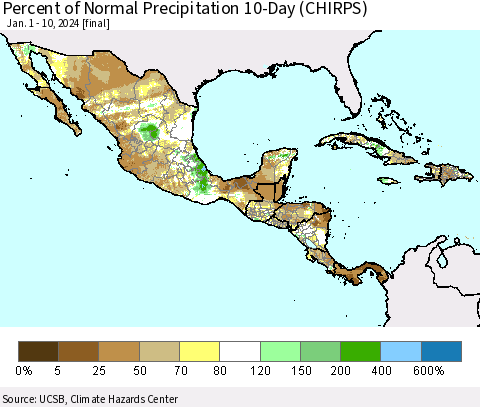Mexico Central America and the Caribbean Percent of Normal Precipitation 10-Day (CHIRPS) Thematic Map For 1/1/2024 - 1/10/2024
