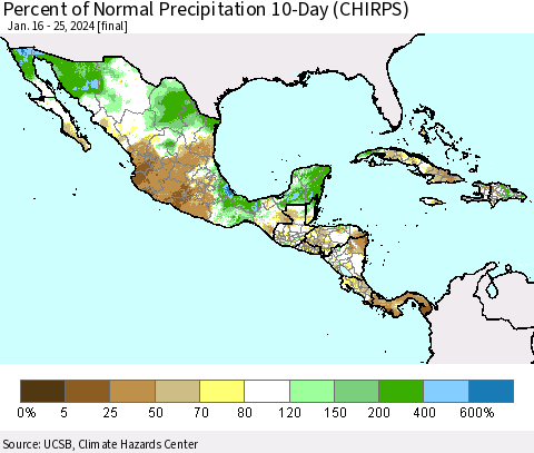 Mexico Central America and the Caribbean Percent of Normal Precipitation 10-Day (CHIRPS) Thematic Map For 1/16/2024 - 1/25/2024