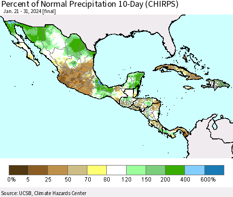 Mexico Central America and the Caribbean Percent of Normal Precipitation 10-Day (CHIRPS) Thematic Map For 1/21/2024 - 1/31/2024