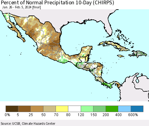 Mexico Central America and the Caribbean Percent of Normal Precipitation 10-Day (CHIRPS) Thematic Map For 1/26/2024 - 2/5/2024