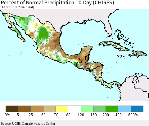 Mexico Central America and the Caribbean Percent of Normal Precipitation 10-Day (CHIRPS) Thematic Map For 2/1/2024 - 2/10/2024