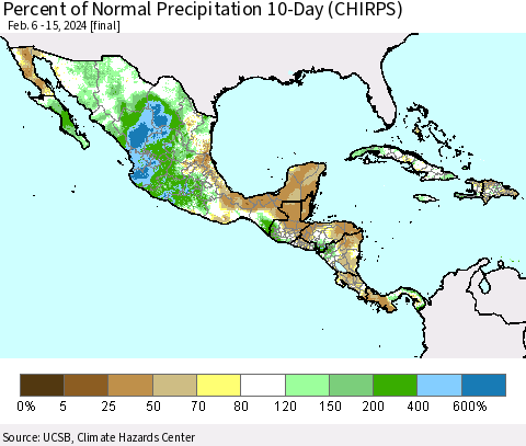 Mexico Central America and the Caribbean Percent of Normal Precipitation 10-Day (CHIRPS) Thematic Map For 2/6/2024 - 2/15/2024