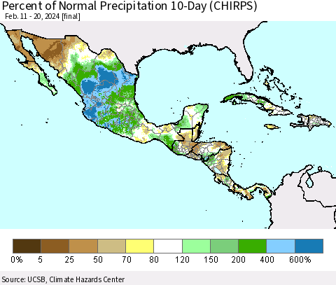 Mexico Central America and the Caribbean Percent of Normal Precipitation 10-Day (CHIRPS) Thematic Map For 2/11/2024 - 2/20/2024