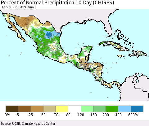 Mexico Central America and the Caribbean Percent of Normal Precipitation 10-Day (CHIRPS) Thematic Map For 2/16/2024 - 2/25/2024