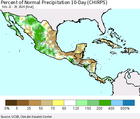 Mexico Central America and the Caribbean Percent of Normal Precipitation 10-Day (CHIRPS) Thematic Map For 2/21/2024 - 2/29/2024