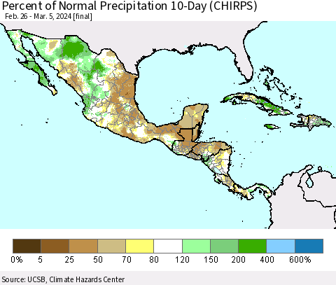 Mexico Central America and the Caribbean Percent of Normal Precipitation 10-Day (CHIRPS) Thematic Map For 2/26/2024 - 3/5/2024