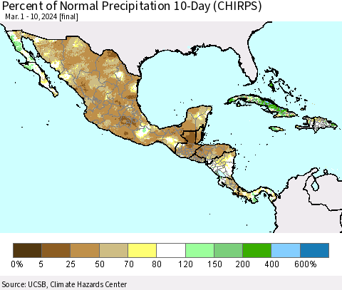 Mexico Central America and the Caribbean Percent of Normal Precipitation 10-Day (CHIRPS) Thematic Map For 3/1/2024 - 3/10/2024