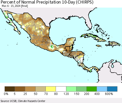 Mexico Central America and the Caribbean Percent of Normal Precipitation 10-Day (CHIRPS) Thematic Map For 3/6/2024 - 3/15/2024