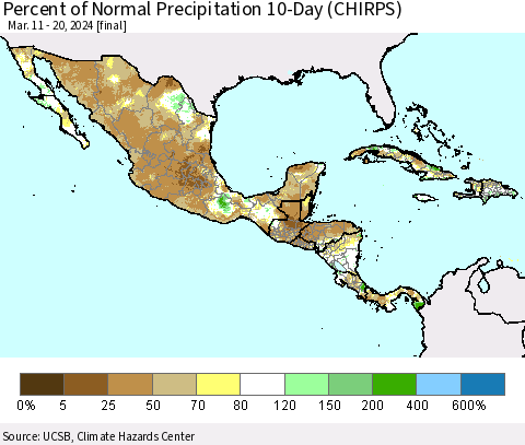 Mexico Central America and the Caribbean Percent of Normal Precipitation 10-Day (CHIRPS) Thematic Map For 3/11/2024 - 3/20/2024